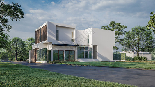 3D 现代房屋的插图财产投资花园入口热带奢华3d草地建筑学别墅背景图片