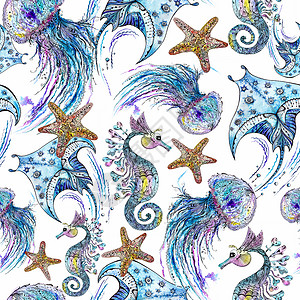 海洋海星图案海水颜色和墨墨水制成的海动物模式荒野假期草图蝠鲼艺术织物插图打印装饰品海蜇背景