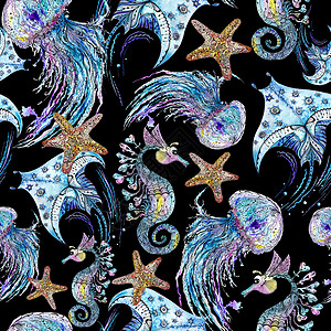 海洋海星图案海水颜色和墨墨水制成的海动物模式水彩艺术纺织品海星绘画海蜇织物装饰品海马草图背景