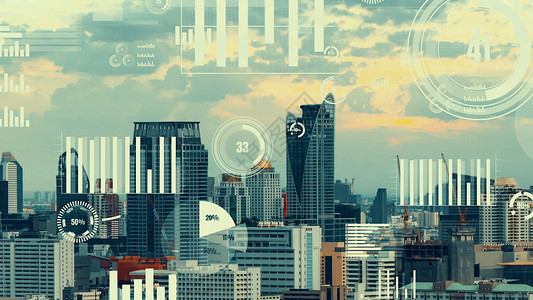 商业数据分析界面在智能城市上空飞过 显示改变的未来资源密码学速度管理展示分析师客户关系经济监视器加密联系高清图片素材