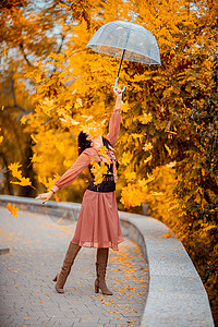 秋天公园穿着带雨伞的漂亮女孩 她把他抱在头顶上 秋叶从他身上掉出来天气女性成人外套黑发微笑橙子头发乐趣下雨漂亮的高清图片素材