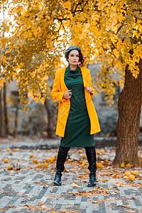 美丽的女人在秋天到户外散步 她穿着一件黄色外套和一条绿色连衣裙 享受秋天天气的少妇 秋天的内容喜悦季节晴天头发冒充青年叶子女士幸围巾高清图片素材