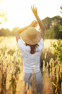 日落时站在小麦田上站着的年轻女孩 手伸展的少女阳光女性享受假期冥想冒险福利闲暇自由太阳和谐高清图片素材