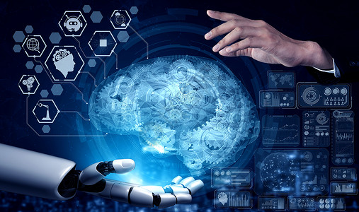 未来人造智能机器人和半机械人商务商业人工智能算法软件人士创新智力现实电子人背景图片