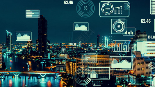 接收新事物商业数据分析界面在智能城市上空飞过 显示改变的未来服务经济互联网手机建筑网络解决方案全球化电影人工智能背景