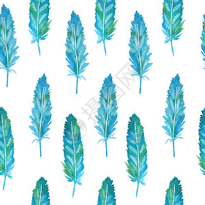 水彩风羽毛水彩无缝手绘图案与蓝绿色绿松石羽毛 用于纺织壁纸的海蓝宝石波西米亚风背景 浪漫素描复古婚礼插图背景