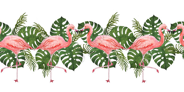 水彩火烈鸟水彩手与粉红火烈鸟和热带绿色野兽横交接 棕榈树树叶是背景 暑假概念 纸牌请柬T恤装饰品打印版 (照片)背景