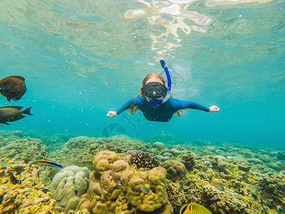 戴着浮潜面具的快乐女人在珊瑚礁海池中与热带鱼一起潜入水下 旅行生活方式 水上运动户外探险 夏季海滩度假游泳课程冒险女性活动潜水珊天蓝色高清图片素材