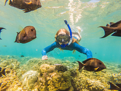 戴着浮潜面具的快乐女人在珊瑚礁海池中与热带鱼一起潜入水下 旅行生活方式 水上运动户外探险 夏季海滩度假游泳课程假期珊瑚活动海洋呼女士高清图片素材