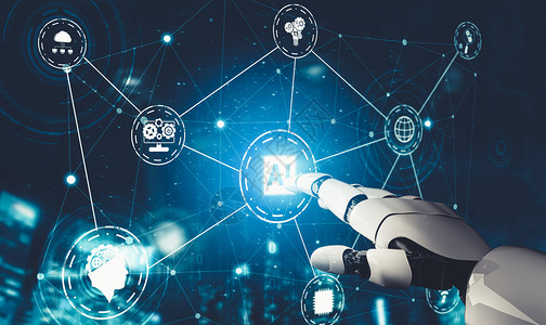 人工智能图未来人工机器人人造智能概念的全新理论思考科学创新开发机器制造业软件电脑手臂人们思维背景