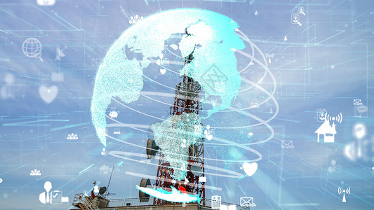 具有3D全球商业改建图象的电信塔电讯塔上网天空全球化城市世界技术计算服务卫星电话背景