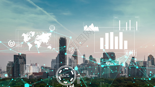 商业数据分析界面在智能城市上空飞过 显示改变的未来计划技术运动银行家管理工程企业密码学货币加密背景图片