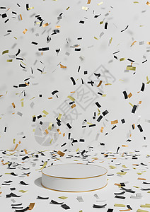 白色 浅灰色 黑色和白色 3D 渲染产品展示基座周年纪念产品 在讲台周围用五彩纸屑庆祝 金色线条用于奢侈品简单 最小的背景背景