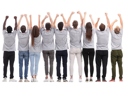 一群志同道合的年轻人举起手来 把手举起来合作团体友谊身份同事手势建设白色朋友们团队背景