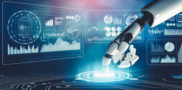 人工智能图未来人工机器人人造智能概念的全新理论思考机械手机器创新制造业金融商业科学控制密码支付背景