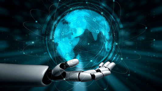 未来的机器人人造智能 启发AI技术概念的人类人工智能公司现实生活机械手手臂社交网络创新界面云计算网络背景图片