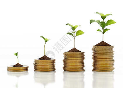 3D 插图 金币堆叠的绿色绿芽投资种子投资者植物基金融资信用贷款财富银行业收入高清图片素材