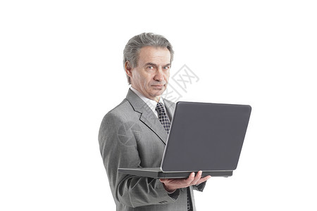 以白色背景孤立的笔记本电脑屏幕上看Adult商务人士工人职业空白男人人士营销技术商务灰色工作背景图片