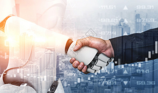 与机器人握手3D 使人形机器人握手 以合作未来技术背景