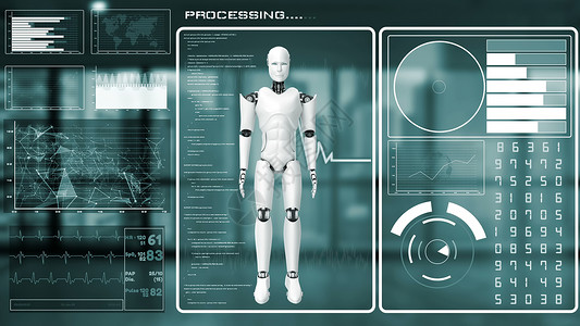 未来机器人 人造智能 CGI大数据分析与编程技术统计算法转型显示器数字化商业深度挖掘现实软件人工智能高清图片素材