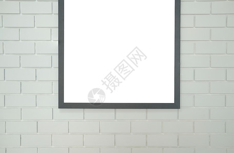 在白砖墙上模拟海报照片框黑色办公室小样白色创造力框架空白背景图片