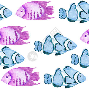 鱼手绘素材水彩手绘无缝图案与水下海洋航海动物贝壳鱼 紫蓝色海马海藻水母 海洋暑假海滩背景 绿松石织物印花插图薄荷珊瑚海浪海鲜旅行贝类海藻藻背景