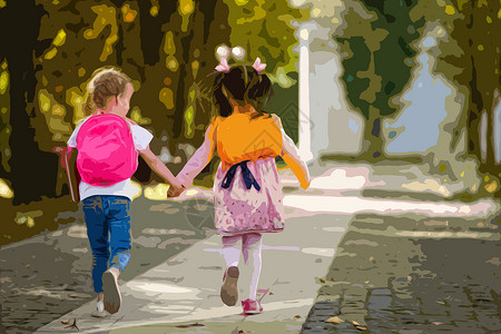 面部ps素材小学女孩背背着书包 带着微笑跳跃的少女;和背景