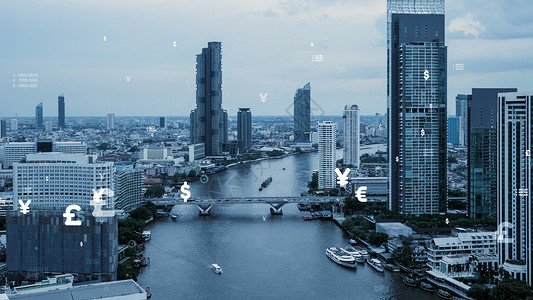 商业数据分析界面在智能城市上空飞过 显示改变的未来客户关系展示计划管理货币技术加密金融监视器银行家系统高清图片素材