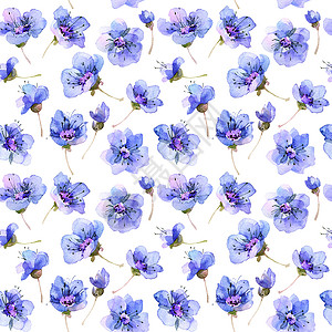 手绘蓝色花瓣水彩花卉图案手绘插图花园植物季节枝条樱花墙纸植物群打印背景