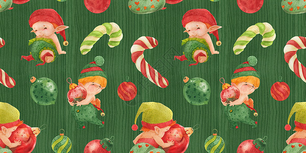 圣诞节手绘水彩圣诞绿绿无缝模式 婴儿小精灵有玻璃和糖果甘蔗背景