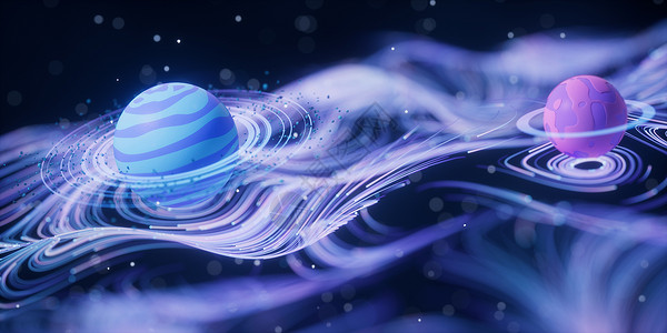 粒子空间旋转有波形背景的外层空间行星 3D感应球体辉光卷曲太空旋转紫色曲线想像力戒指宇宙背景