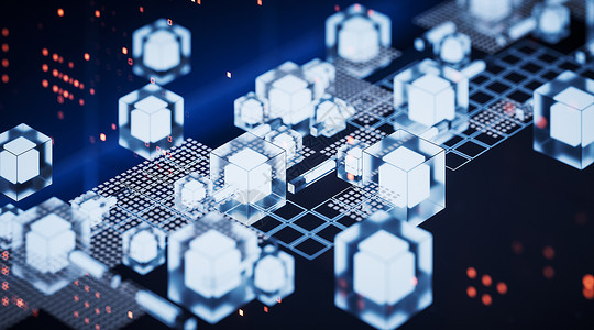 电子网格有网络空间概念背景的蓝色核心 3D推介互联网材料立方体线条技术水晶木板科幻正方形渲染背景