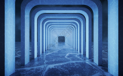 隧道裂缝有冰地表的几何框架 3D进化冻结水晶隧道走廊冰面薄雾入口激光辉光几何学背景
