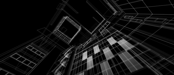 建筑建筑空间设计理念 3d 透视白色线框渲染黑色背景 对于抽象背景或壁纸桌面计算机技术设计建筑主题建筑师白线草图插图绘画电脑创造背景图片