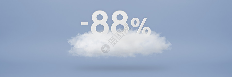 折扣 88% 大折扣 促销高达百分之八十八 3D 数字漂浮在蓝色背景上的云上 复制空间 插入项目的广告横幅和海报背景图片