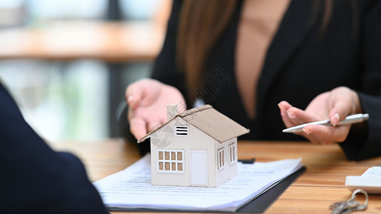 房地产经纪人向客户提供房屋所有权和财产保险的剪影图片