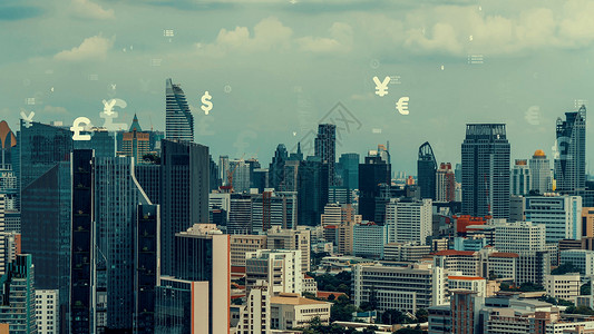 商业数据分析界面在智能城市上空飞过 显示改变的未来营销企业经济运动银行家货币战略分析师管理人工智能遵守高清图片素材