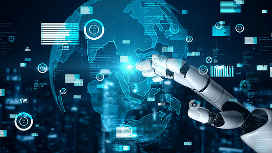 未来的机器人人造智能 启发AI技术概念的人类人工智能金融现实管理人员商业3d市场战略互联网科学电脑手高清图片素材