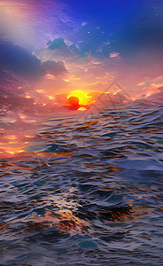 人工影响天气用人工智能图画 日落在海面上海景季节海岸线太阳全景海浪蓝色地平线橙子假期背景