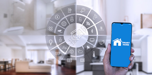 人手展示智能手机智能家居 GUI 控制房子里的每个房间 在虚拟屏幕上手动使用智能屏幕智能家庭自动化助手和触摸按钮的用户技术手指安监控高清图片素材