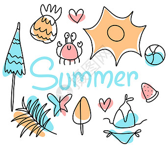 夏季冰淇淋海报太阳 棕榈树 海滩伞 书法 作为夏季海报 贺卡 剪贴画的首饰背景