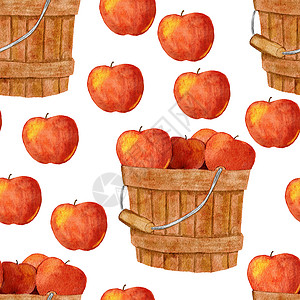 手绘红色苹果水彩手绘无缝图案与桶篮中成熟的收获红苹果 感恩节秋季秋季农场织物印花 用于包装纸包装的水果织物印花背景
