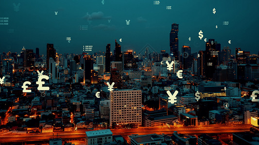 商业数据分析界面在智能城市上空飞过 显示改变的未来市场动画片营销金融货币运动风险经济密码学银行家背景图片