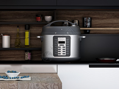 电压锅厨房的电压炊具 3D 插图技术桌子家庭烹饪电子食物厨具蒸汽电饭煲合金背景