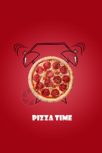 剪发店海报披萨和闹钟手在红色背景上画了图案 记录比萨时间背景