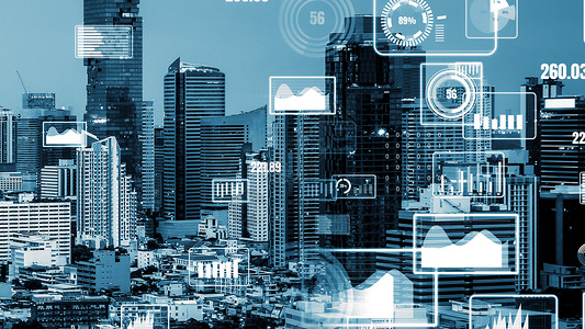 商业数据分析界面在智能城市上空飞过 显示改变的未来速度密码学银行家风险管理监视器工程技术市场分析师背景图片