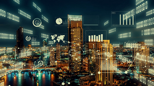 商业数据分析界面在智能城市上空飞过 显示改变的未来管理电脑分析师计划企业速度资源营销加密客户关系金融的高清图片素材