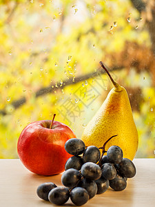 秋天葡萄树窗玻璃上的苹果 葡萄 梨和秋黄色叶 底底模糊的水滴中有水滴背景