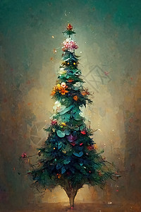 圣诞树 数字艺术手画的风格 说明绘画新年丝带花环礼物森林传统季节卡片松树背景图片