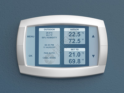 蓝色墙上的智能自动调温器背景图片
